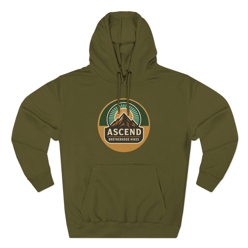 Army Green pullover fleece hoodie with the Ascend Brotherhood Hikes mountain and sunrise emblem on the chest.