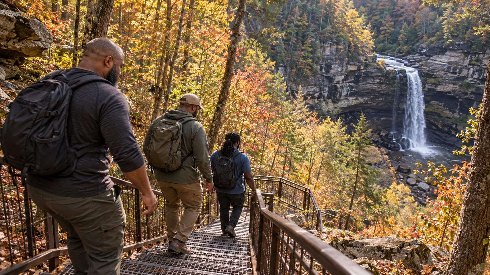 Illustration of three Black men descending a forest stair trail toward a waterfall