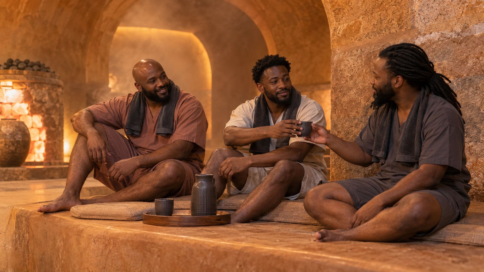 Illustration of three Black men in spa clothes talking in a warm mineral room