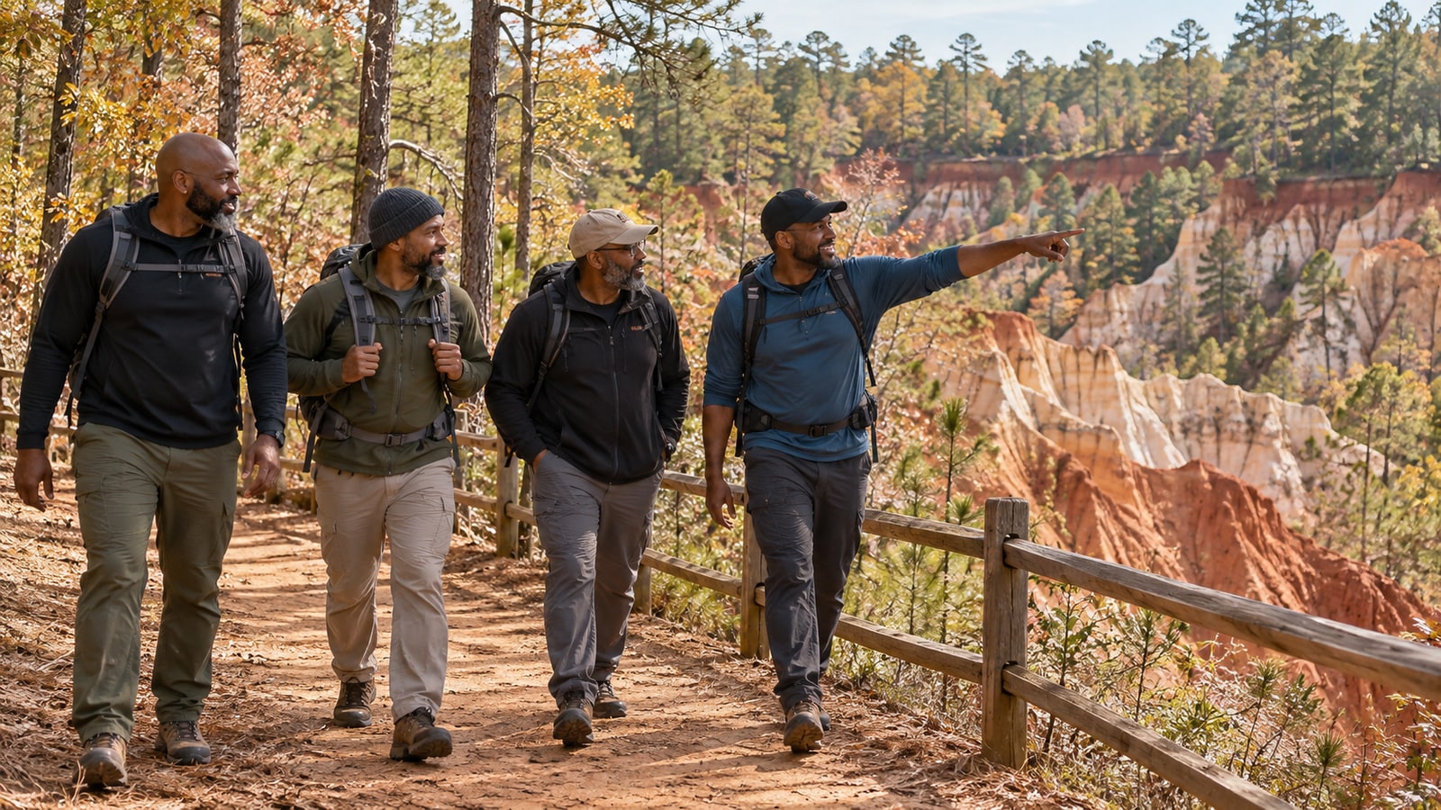 Illustration of four Black men hiking beside red and cream canyon walls