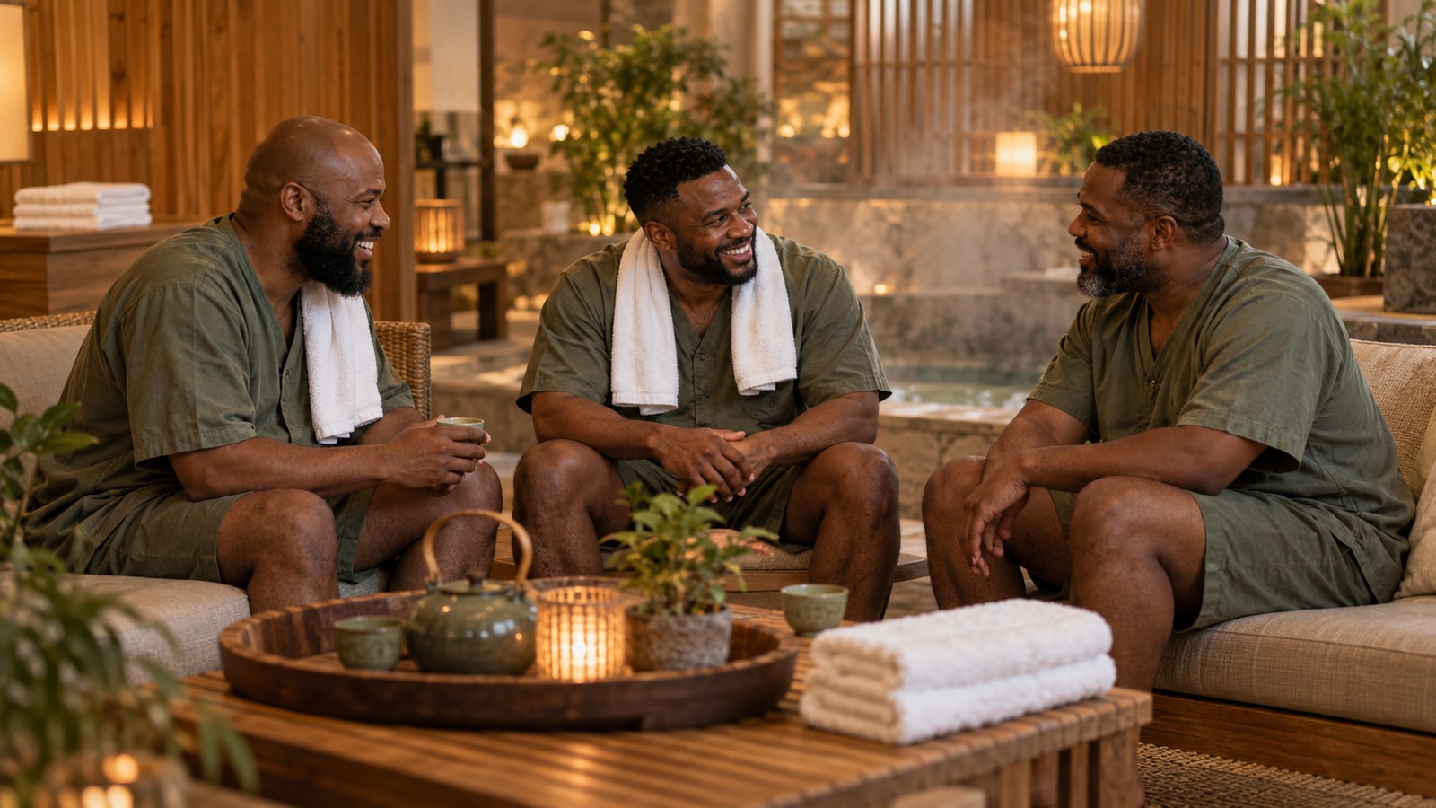 Illustration of three Black men in spa lounge clothes sharing tea in a warm communal space