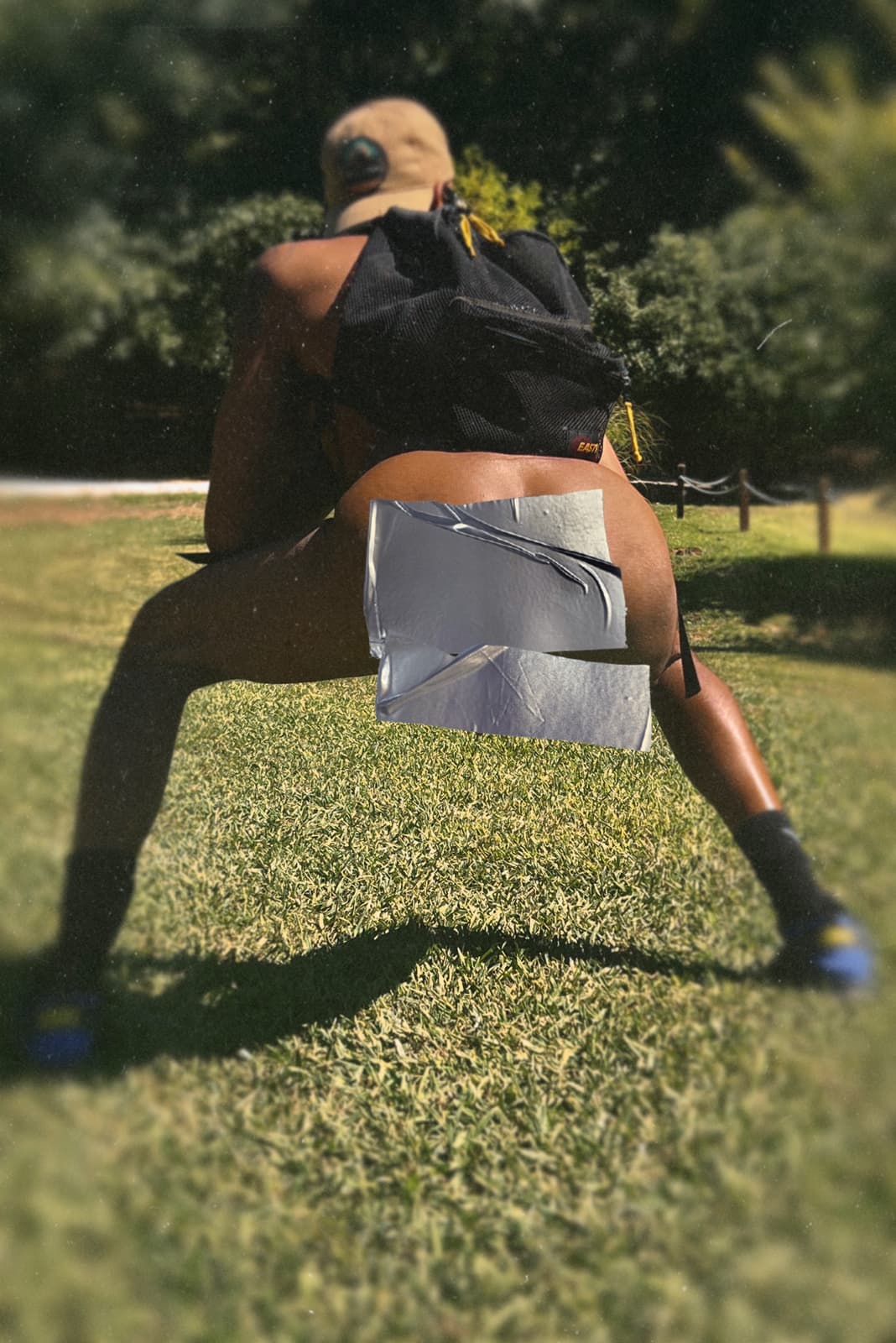 An adult Black man in clothing-optional attire strikes a playful pose on a sunny lawn.