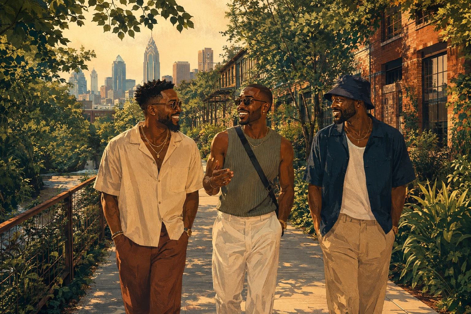 Illustration of three Black men walking together on an Atlanta greenway, framed by trees, brick buildings, and a distant skyline.
