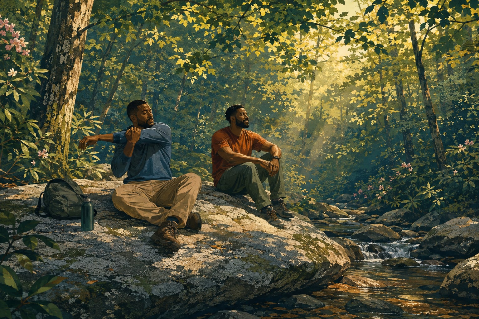 Illustration of two Black men resting on a smooth granite outcrop beneath hardwood trees beside a forest creek.