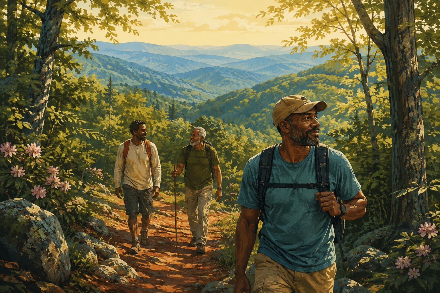 Illustration of three Black men hiking a red-clay path through hardwood forest, with hazy north Georgia ridges behind them.