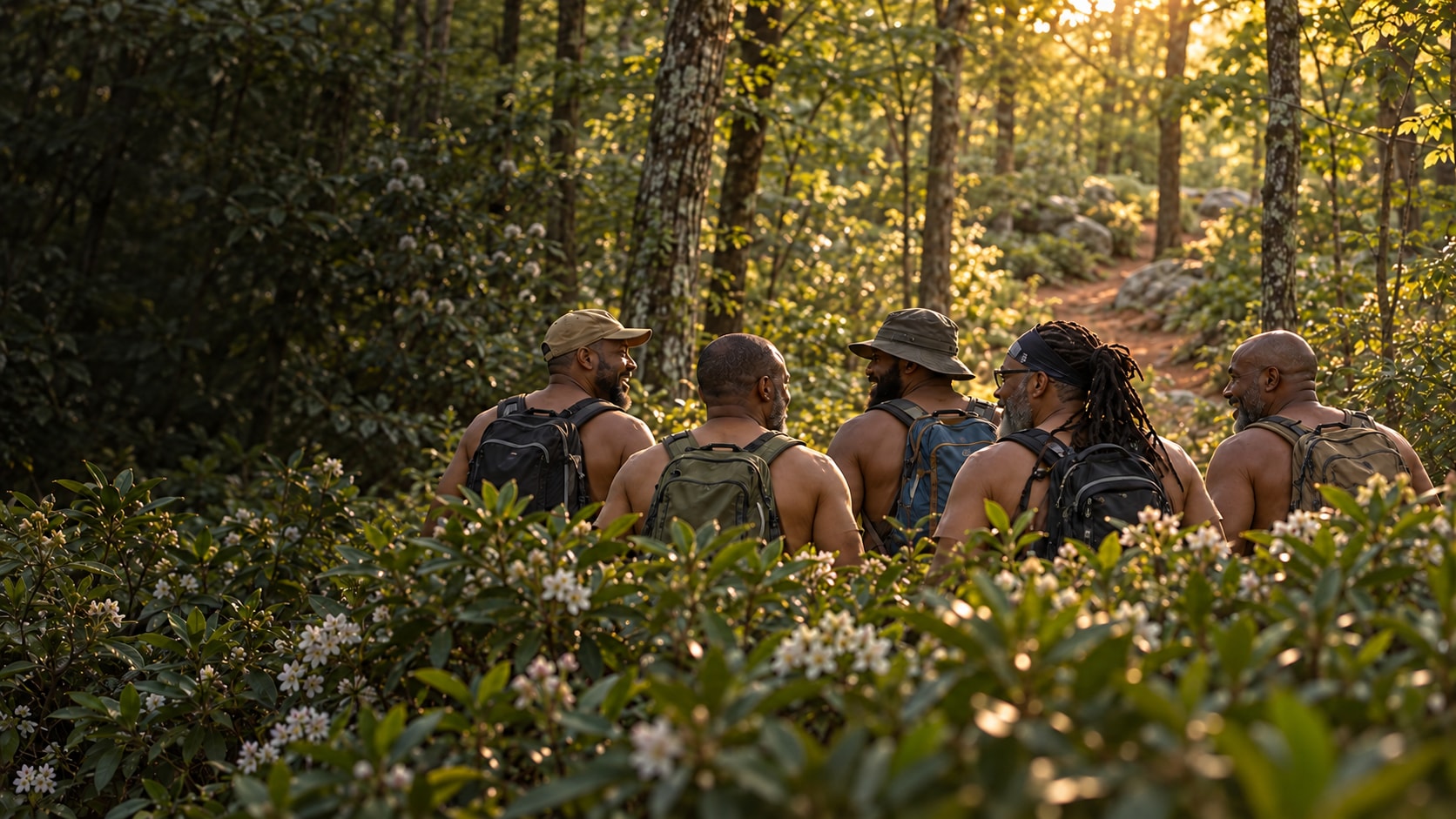 AI illustration of five adult Black men with bare shoulders and daypacks on a sunlit woodland trail, their lower bodies hidden by foliage.