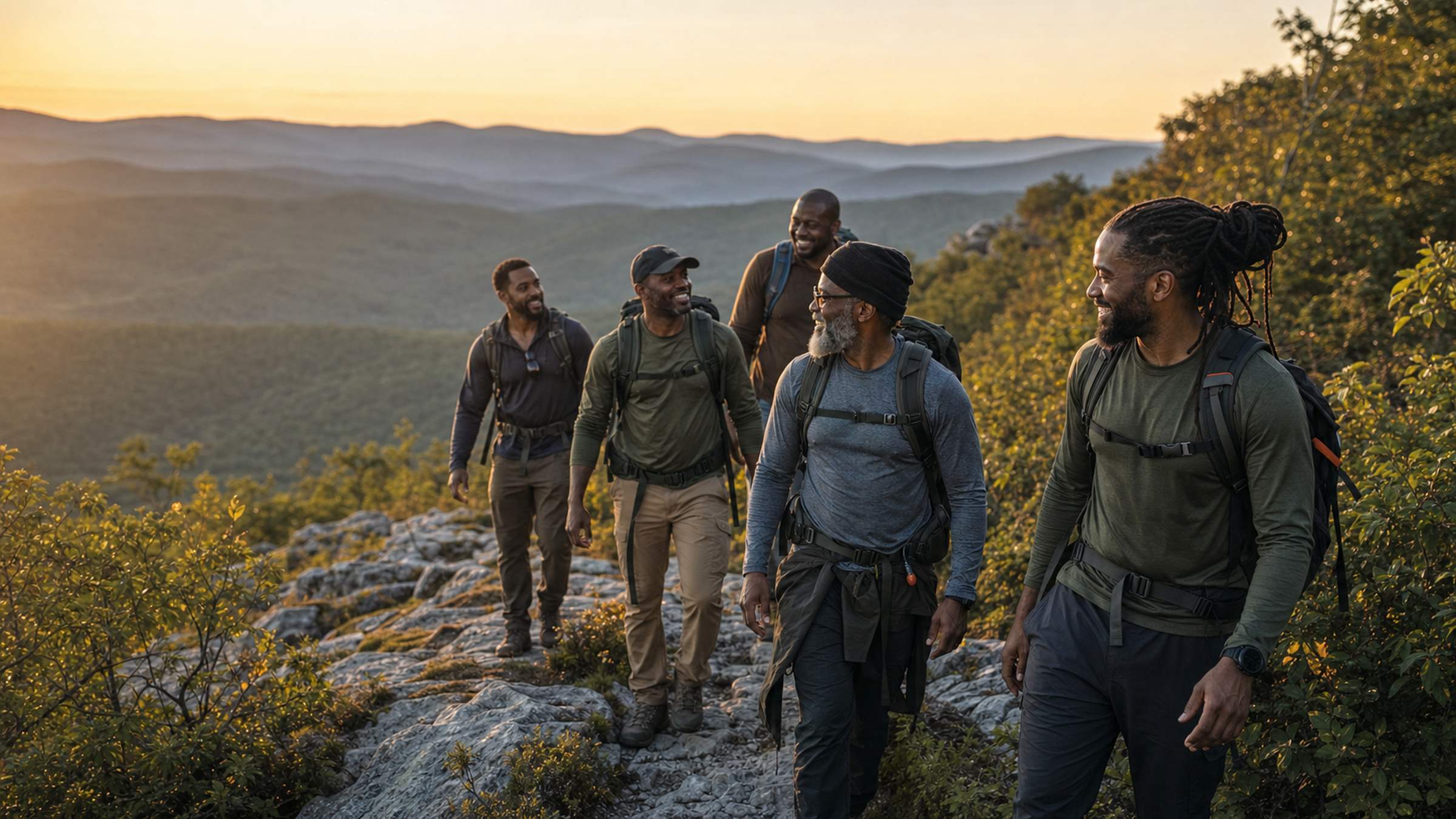 Five Black men hiking a Blue Ridge ridgeline together at dawn
