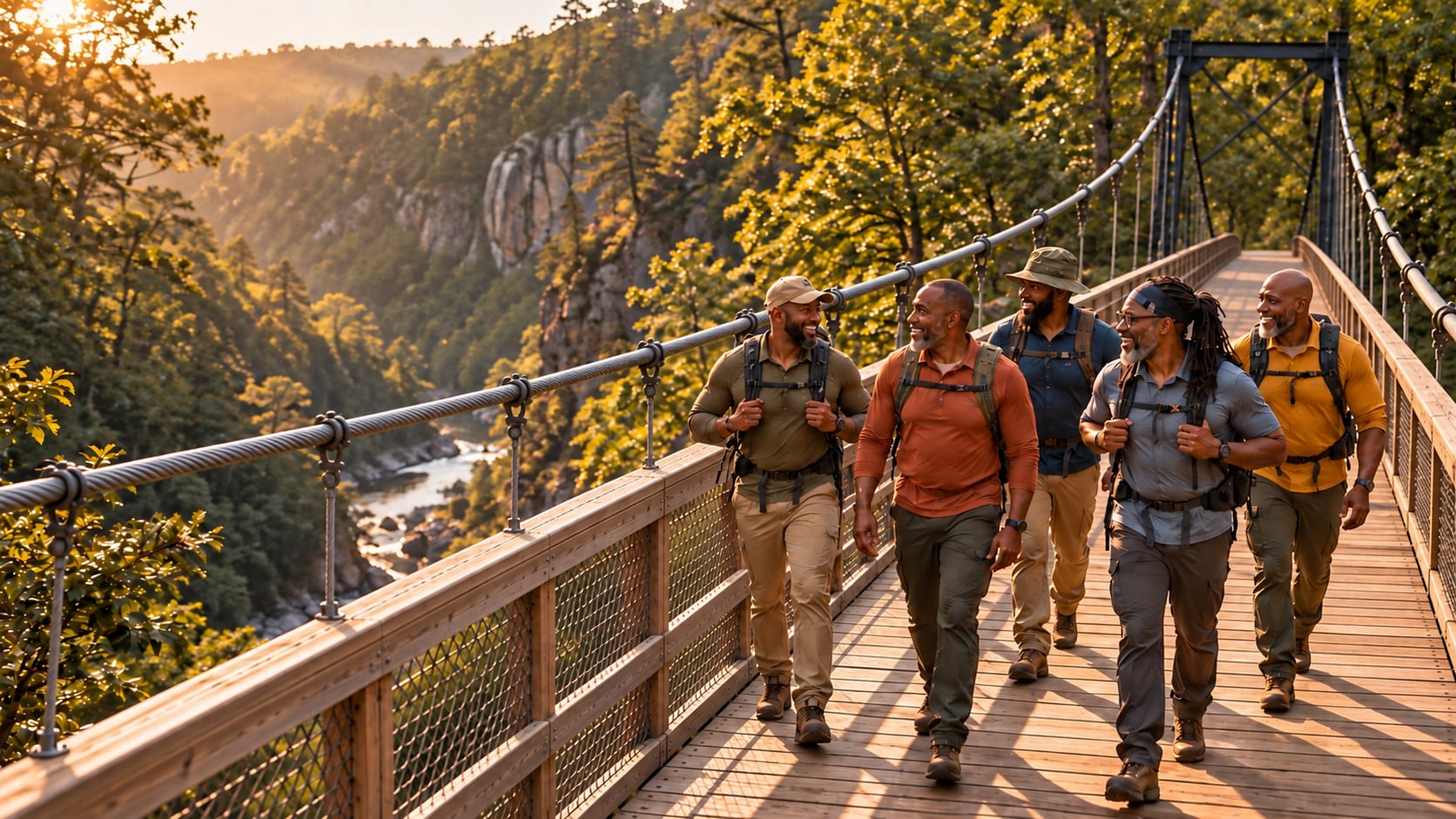 AI illustration of five adult Black men in hiking clothes and daypacks standing together on the wooden deck inside the railings of a suspension bridge above a forested Georgia gorge.