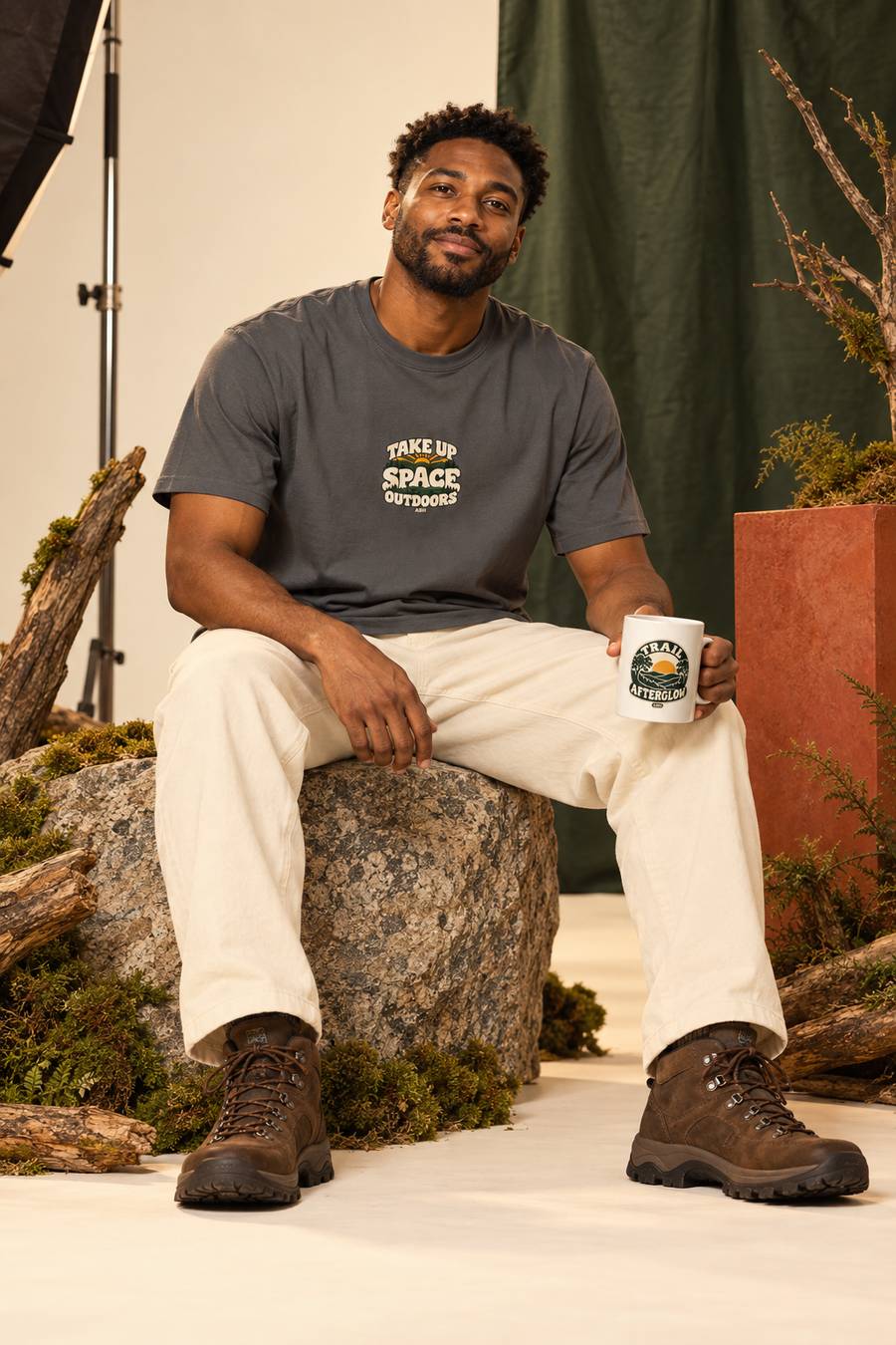 AI-generated studio portrait of a Black male model in a pepper-gray ABH tee, cream trousers and hiking boots, seated on a granite prop and holding a white Trail Afterglow mug beside moss and a green backdrop.