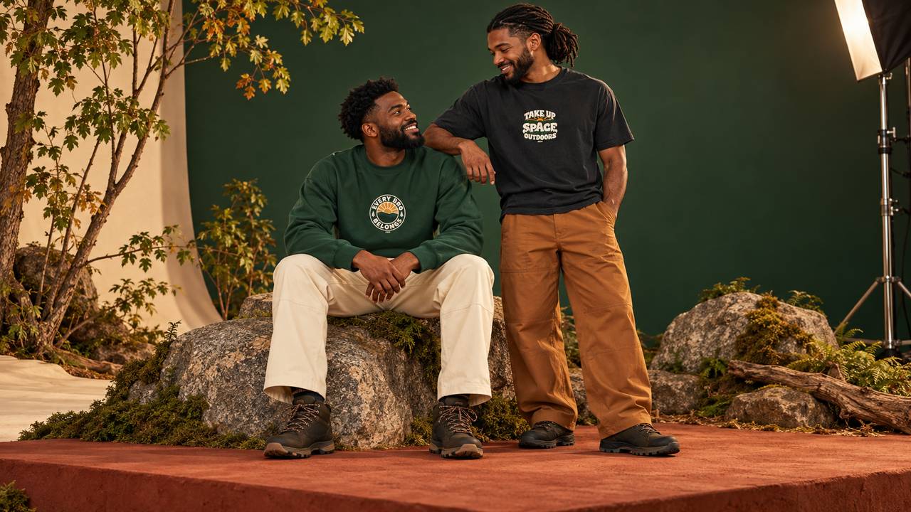 AI-generated studio scene of two Black male models in a black ABH tee and forest-green crewneck, smiling beside granite and moss props on a red-clay platform, with a studio light visible.