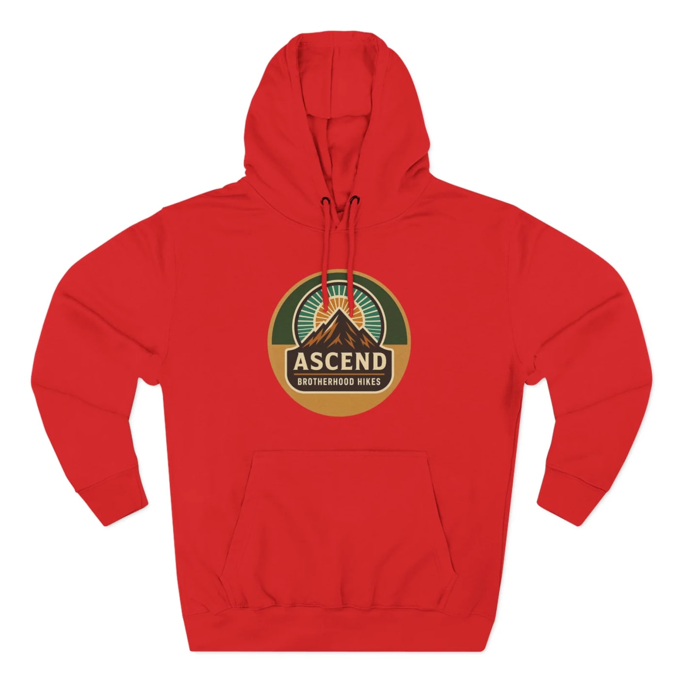 Red pullover fleece hoodie with an Ascend Brotherhood Hikes mountain emblem printed on the chest.