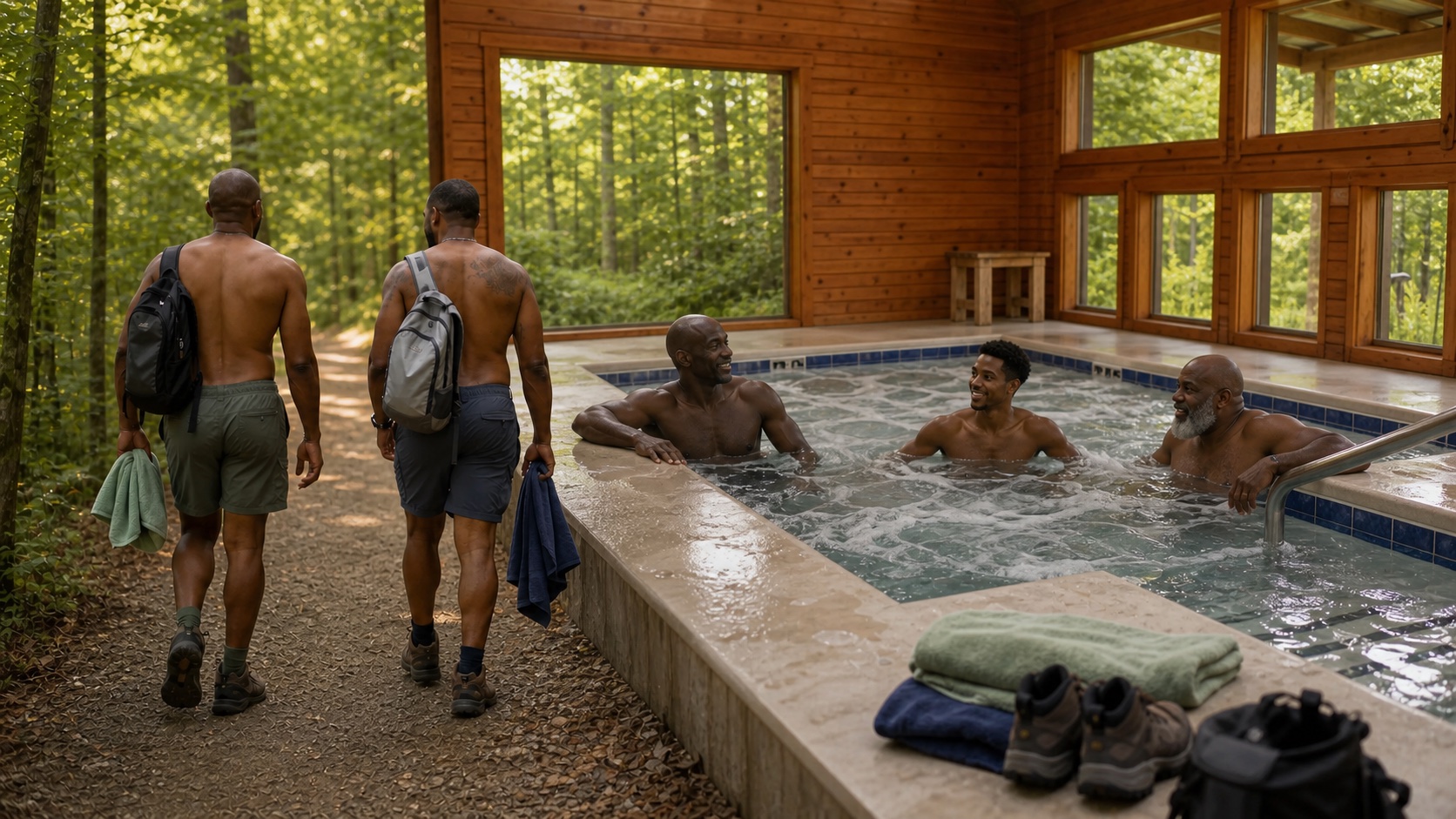 Black men returning from a wooded campground trail while friends relax in the indoor hot tub