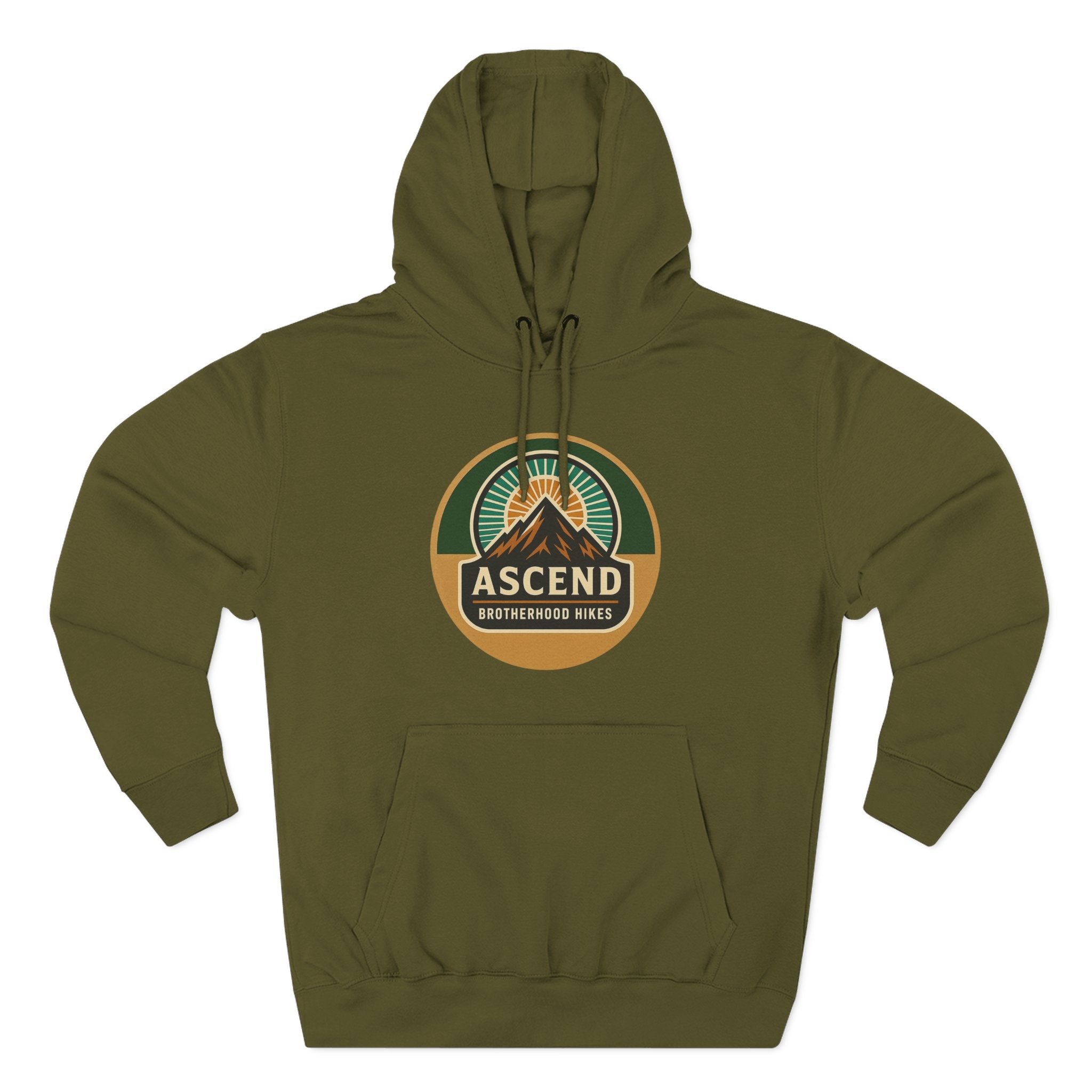 Olive green pullover hoodie with the round Ascend Brotherhood Hikes mountain and sunrise emblem