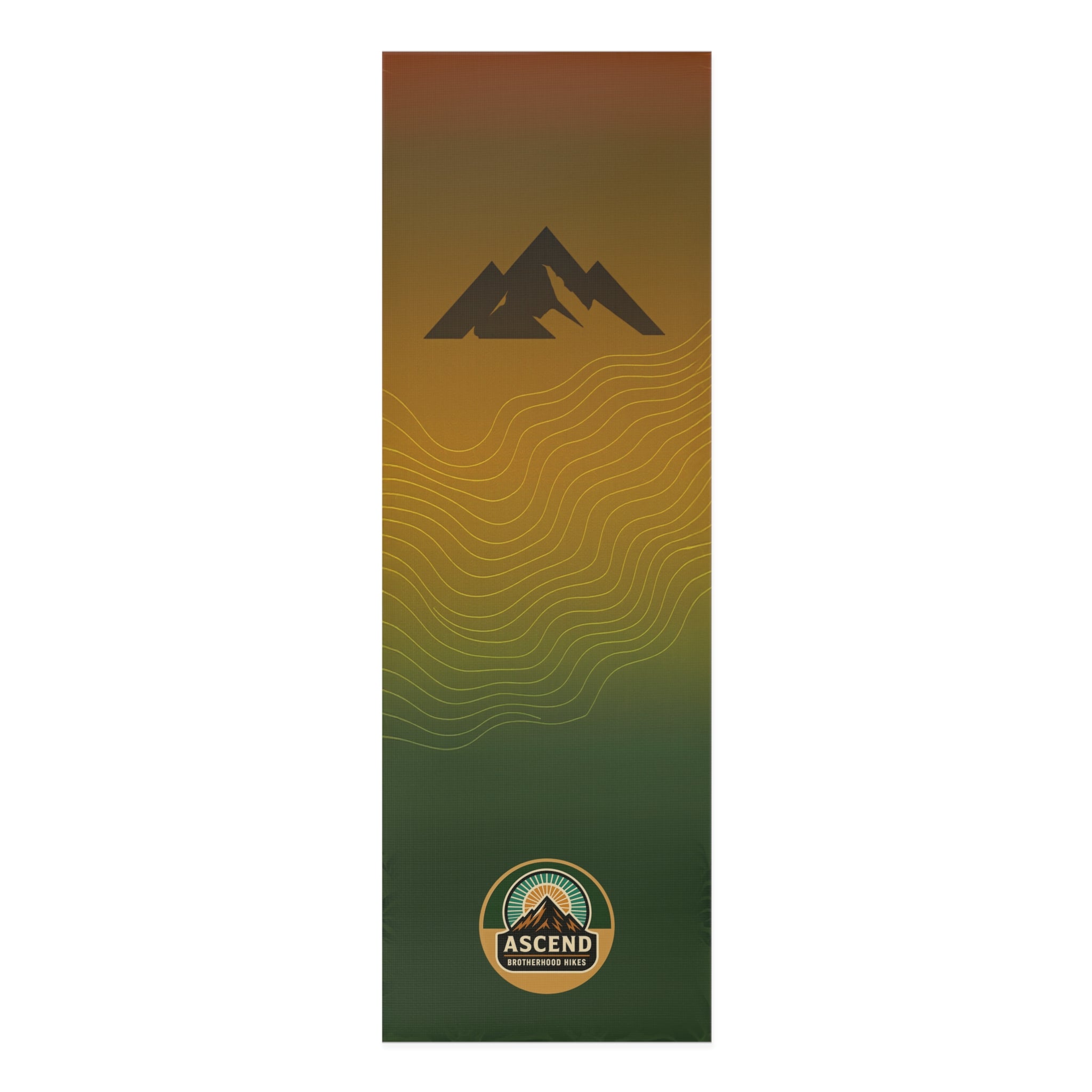 Long amber-to-forest green exercise mat with contour lines, a mountain motif, and Ascend Brotherhood Hikes emblem