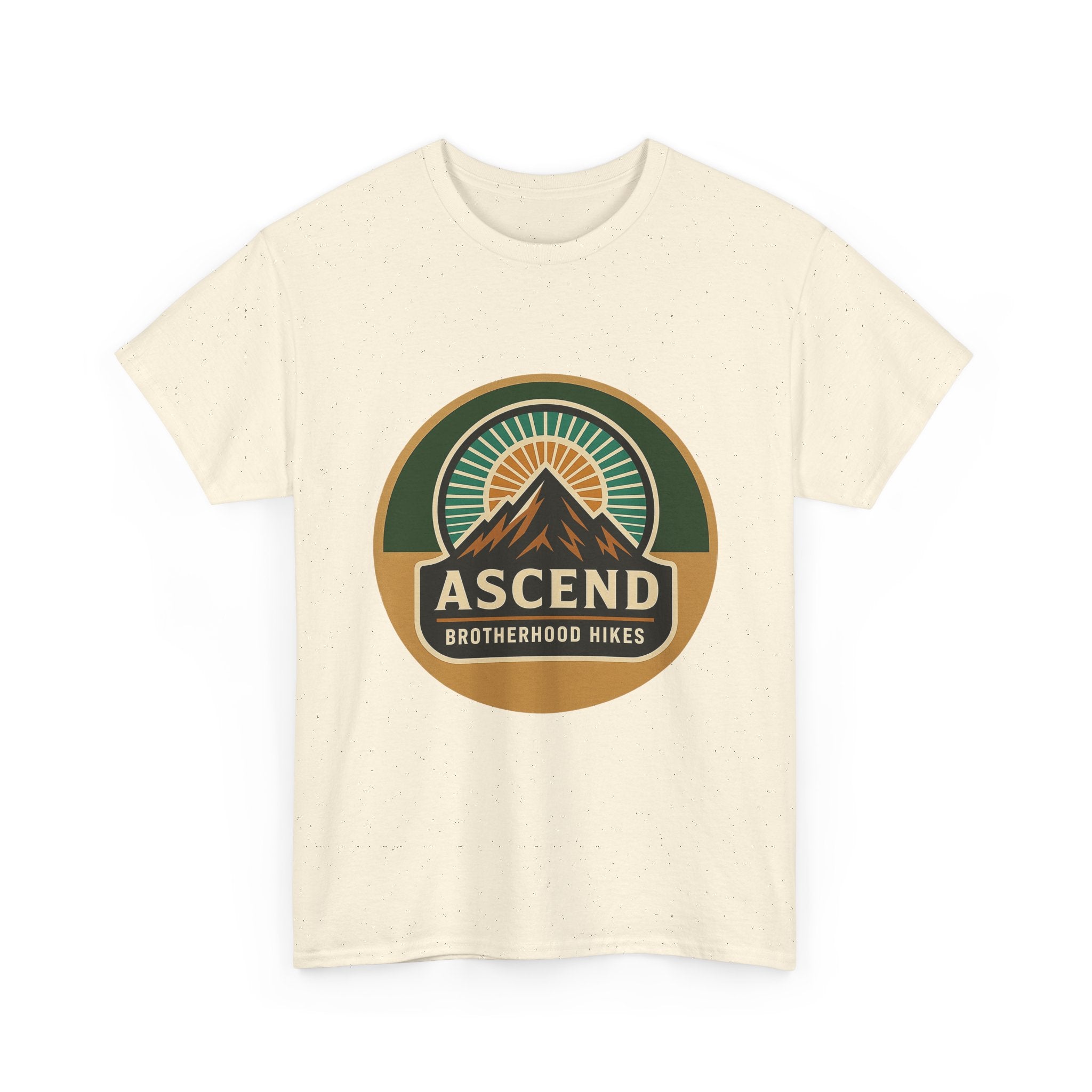 Natural cream short-sleeve T-shirt with the round Ascend Brotherhood Hikes mountain and sunrise emblem