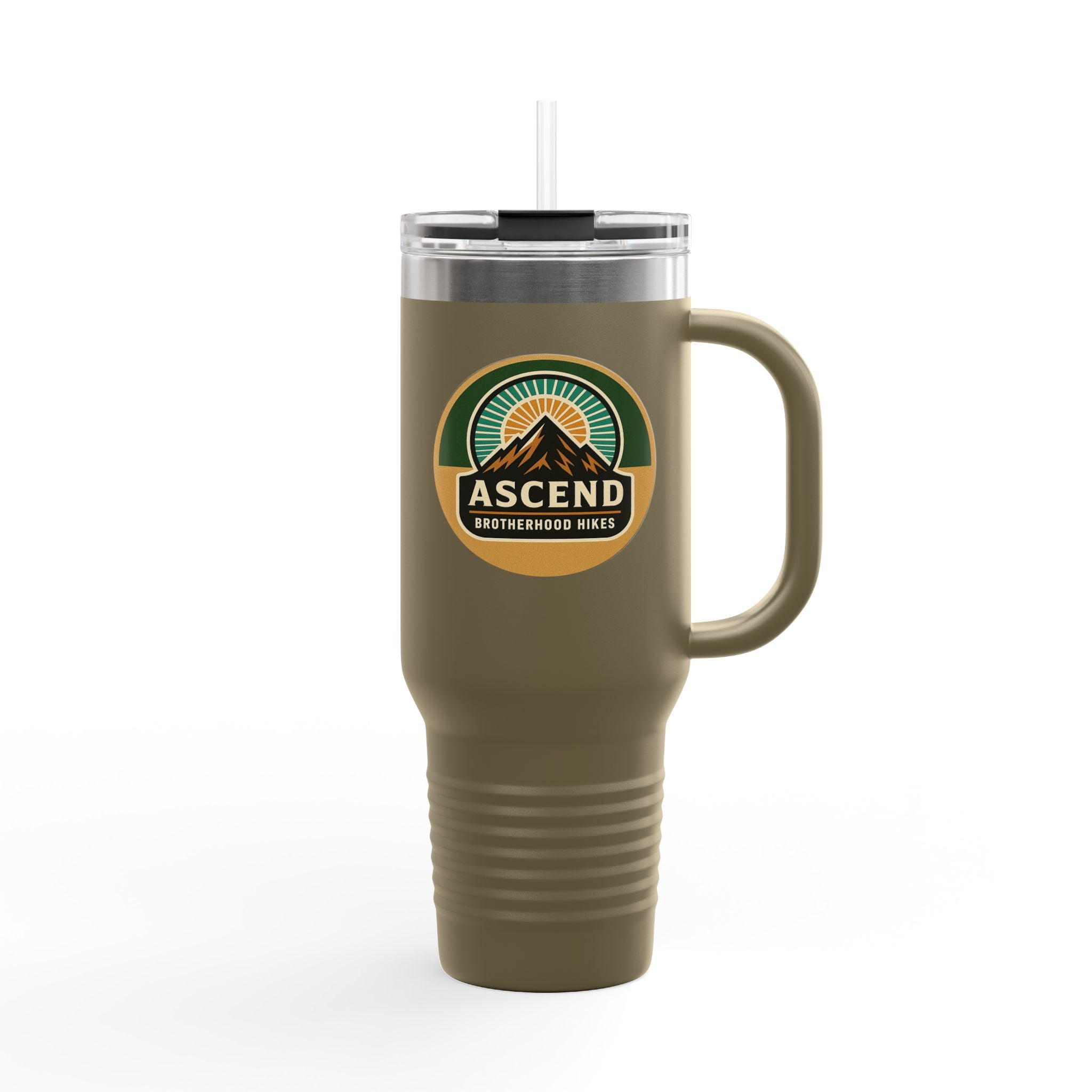 Olive green 40-ounce handled travel mug with a clear straw and Ascend Brotherhood Hikes emblem