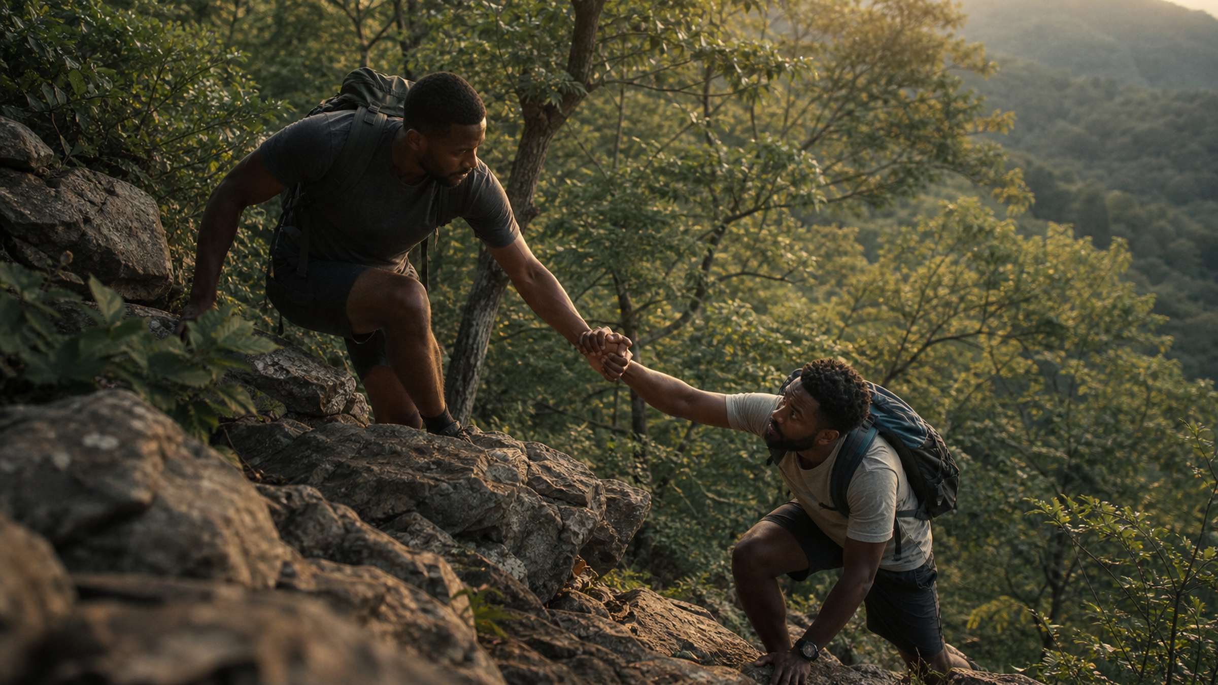 Two Black men help each other up a steep rocky forest trail