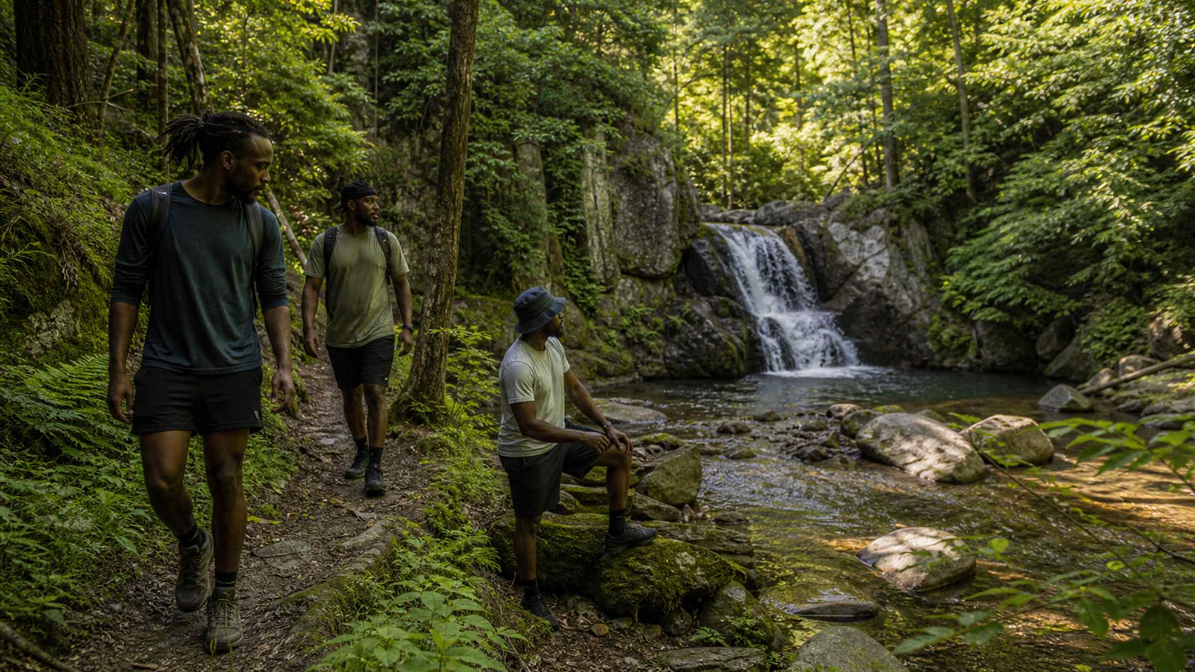 Three Black men pause beside a small waterfall in a dense hardwood forest